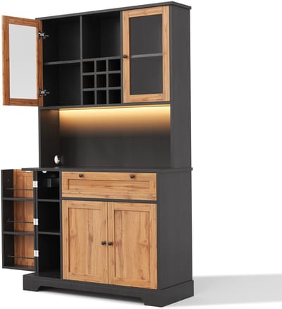 Hoge keukenkast met led verlichting - Opbergkast met kruidenrek - Glazen deuren & stopcontact - Voor keuken en eetkamer - Hoge kast 180 cm