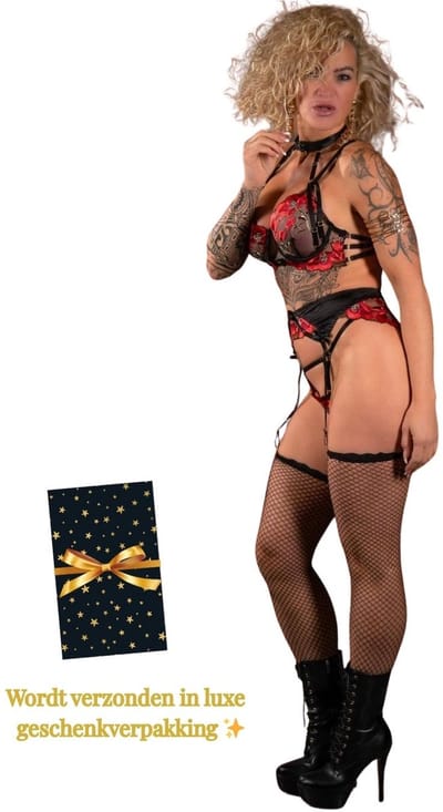 Sexy Lingerieset – Lingerie Erotisch – Classy luxe kanten lingerieset – Erotische Bustier – Verleidelijk elegant met rode bloemen – BH en jarretelset – Dames lingerie – Sexy lingerie – Spannende lingerie – Dare to Undress – Maten S, M, L & XL