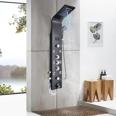 Zwart Douchepaneel met Regendouche – LED en Digitaal Scherm – Massage Stralen – Luxe Douchekolom-met handdouche-6-functies
