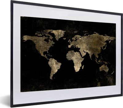 Poster in lijst - Fotolijst 60x40 cm - Posters - Wereldkaart - Zwart - Goud - Posterlijst zwart - Decoratie - Wanddecoratie woonkamer - Muurdecoratie slaapkamer