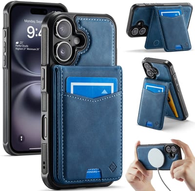 Casemania Hoesje Geschikt voor Apple iPhone 16 - Navy Blue - Geschikt voor MagSafe - Back Cover met Afneembare Magnetische Pasjeshouder met Standaard - Telefoonhoesje en Kaarthouder