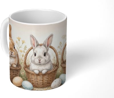 Mok - Koffiemok - Konijnen - Eieren - Bloemen - Beige - Mokken - 350 ML - Beker - Koffiemokken - Theemok