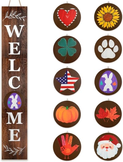 Verwelkomingsbord Hout - Seizoensdecoratie - Voordeur Decoratie - Verwisselbare Iconen - 119x20 cm - Walnoot