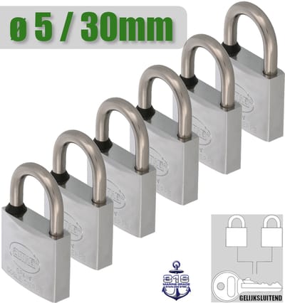 AMIG Klein Gelijksluitend Hangslot 6 Stuks - Ø5mm / 30x52mm Sloten Set - Marine Grade Materiaal - Compact en Lichtgewicht - Master Key Systeem