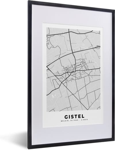 Fotolijst incl. Poster Zwart Wit- Stadskaart – Plattegrond – België – Zwart Wit – Gistel – Kaart - 40x60 cm - Posterlijst