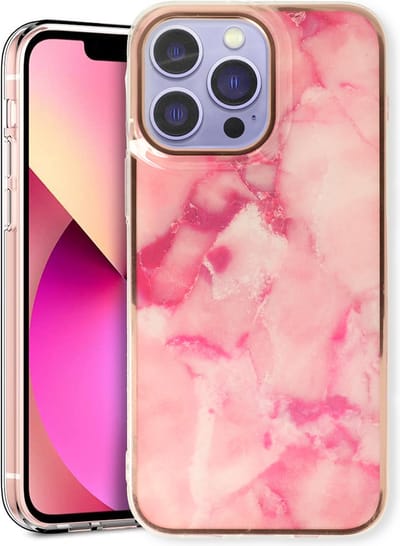 Casemania Hoesje Geschikt voor Apple iPhone 14 Pro - Roze - Siliconen Marmer Back Cover