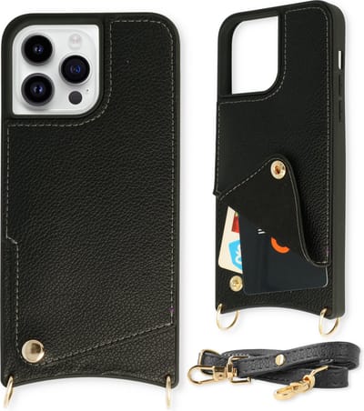 Casemania Hoesje Geschikt voor Apple iPhone 14 Pro - Back Cover met Draagkoord - Pasjeshouder Hoes met Bandje - Crossbody Telefoonhoesje - Lanyard Case - Zwart