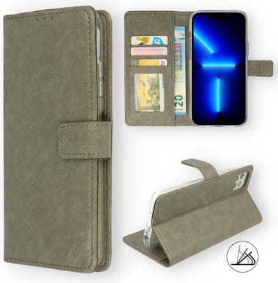 HB Hoesje Geschikt voor Apple iPhone 13 - Grijs - Portemonnee Book Case met Pasjeshouder en Magneetlipje