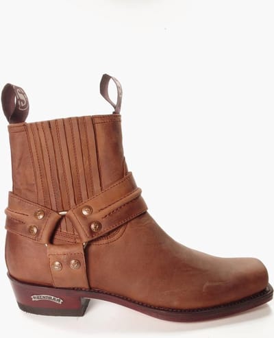 Sendra Boots 2746 Pete Bruin Handgemaakt Biker Western Enkellaars Vierkante Neus Platte Hak Sierspoor Lederen Zool Elastiek in Schacht Echt Leer Maat 44