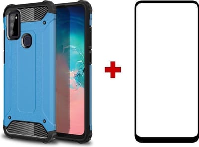 Telefoonhoesje geschikt voor Samsung galaxy M51 silicone TPU hybride blauw hoesje + full cover glas screenprotector