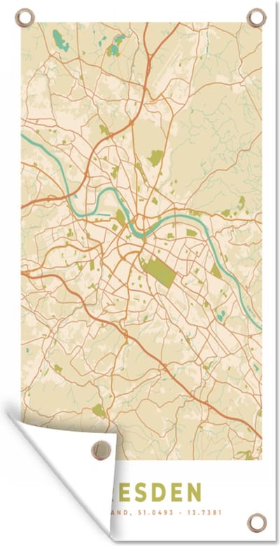 Schuttingposter Plattegrond - Kaart - Dresden - Vintage - Stadskaart - 100x200 cm - Tuindoek