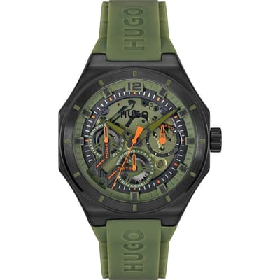 HUGO HU1530376 #GRAIL SKELETON Heren Horloge - Mineraalglas - Staal/Silicone - Groen/Zwart - 44 mm breed - Quartz - Gesp - 5 ATM (douchen)