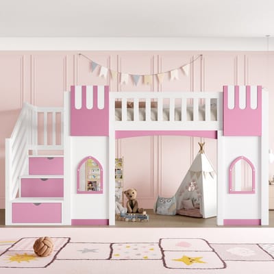 Hoogslaper 90 x 200 cm – met opbergtrap – voor kinderkamer en tienerkamer – praktisch ruimtebesparend ontwerp – praktische slaapoplossing voor dagelijks