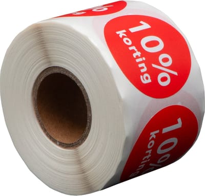 500 Etiketten Rond 10% korting Rood - 35 mm op Rol - Kortingssticker - Reclame sticker - Ronde stickers - DULA