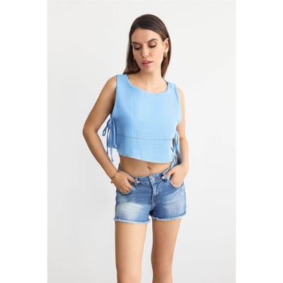 Ronde Hals Muslin Crop Top met een Zijsstrik