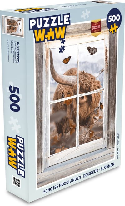 Puzzel Schotse hooglander - Doorkijk - Bloemen - Legpuzzel - Puzzel 500 stukjes