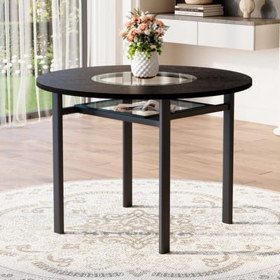 DESMIU Eettafel - Ronde Tafel Met Glazen Inzet En Onderblad - Voor Eetkamer Woonkamer Of Open Keuken - MDF Glas Metaal - 100 Cm - Zwart