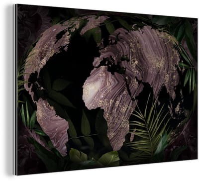 Aluminium schilderij 150x100 cm - Wanddecoratie metaal - Wereldkaart - Paars - Goud - Metalen muurdecoratie woonkamer - Decoratie industrieel - Foto op dibond - Industriële accessoires slaapkamer