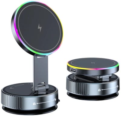DrPhone NeonHold Draadloze Autolader Telefoonhouder – 15W Snellader – Universeel voor iPhone & Samsung – RGB Verlichting – Vacuümzuignap met roteerde as – 360° Verstelbaar - Vouw Systeem - Zwart