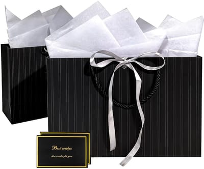 Dailygoods - Cadeauzakje voor geschenken, zwarte cadeautas met hengsels, cadeautas, wenskaart en zijdepapieren decoraties inbegrepen, geschenkverpakking voor verjaardagen, Valentijnsdag, bruiloften en jubilea