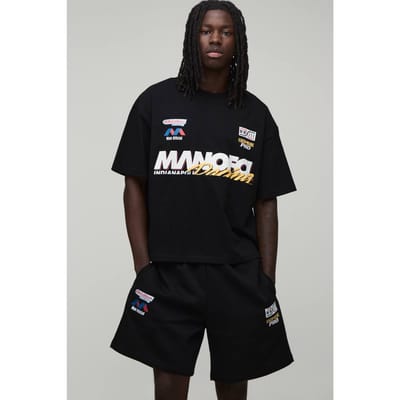 Oversized Boxy Heren Moto Bedrukt T-shirt & Baggy Short Set | Black | Size XS