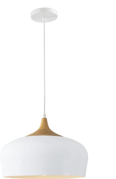QUVIO Hanglamp Scandinavisch / Plafondlamp / Sfeerlamp / Leeslamp / Eettafellamp / Verlichting / Slaapkamer lamp / Slaapkamer verlichting / Keukenverlichting / Keukenlamp - Rond metaal met houtlook - Diameter 33 cm - Wit en bruin