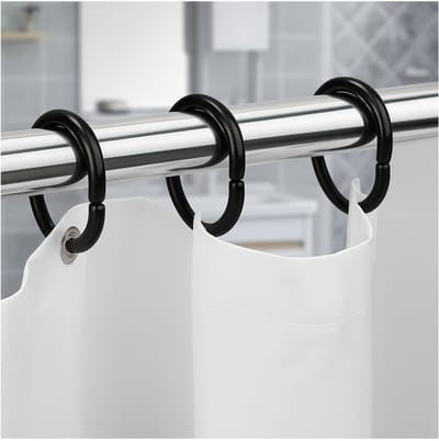 FSW-Products - 12 Zwarte Buigbare Gordijnringen - 4.6x2.9 cm - Voor Gordijnen en Douchegordijnen - Ringen en Haken