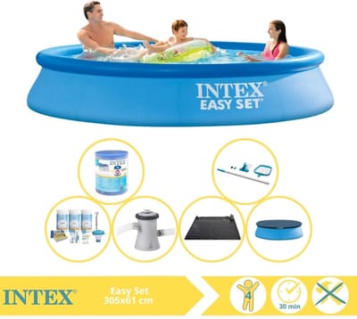 Intex Rond Opblaasbaar Easy Set Zwembad - 305 x 61 cm - Blauw - Inclusief Afdekzeil - Onderhoudspakket - Zwembadfilterpomp - Filter - Schoonmaakset - Solar Mat - 7-delig