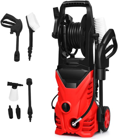 COSTWAY Hogedrukreiniger 1500W, 140 bar, 300 l/h draagbare hogedrukreiniger met Lotus-mondstuk en hogedruksproeier, langere draden en tuinslang, geschikt voor het reinigen van tuin, auto, huis (rood)