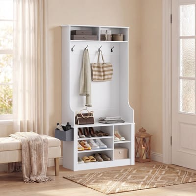 Bealife FS29 Halmeubel - Garderobekast met Kapstok en Schoenenkast - 1 zitbank, 4 haken en 9 opbergruimtes –183×90×30cm– Wit