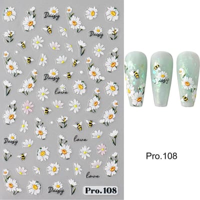 5D schattige bijen madeliefje bloem nagelstickers bloemblaadjes bloesem vlinder insect zelfklevende manicure decal doe-het-zelf bedels nagels decor PRO-108 white