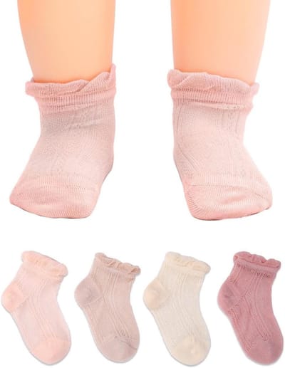 Set van 4 Ruffle Lace Sokken voor Meisjes en Peuters, Dunne Maat Sokken, Katoenen Crew Sokken voor 6-12 Maanden, Roze, Comfortabele Baby Sokken