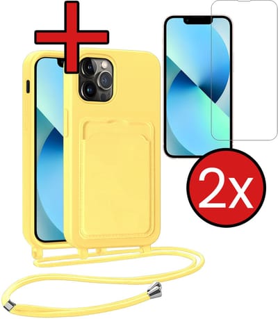 Hoesje Geschikt voor iPhone 13 Pro Hoesje Met Telefoonkoord en Pasjeshouder Met 2x Screenprotector Siliconen - Hoes Geschikt voor iPhone 13 Pro Hoesje Met Kaarthouder Case - Geel