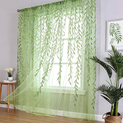 Tule Raamgordijn - Voile Gordijn Bladeren - Woonkamer Decoratie - Natuur Blad Patroon - 274 cm Hoog - Groen