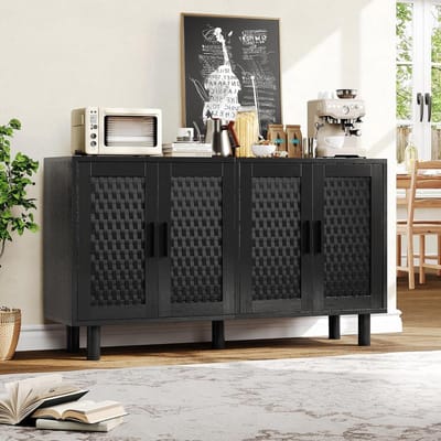 Opbergkast van rotan, dressoir van hout, 140 cm, met 4 deuren en verstelbare planken, dressoir, keukendressoir, opbergkast, keukenkast voor woonkamer, 140 x 40 x 80 cm