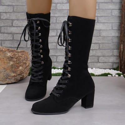 Winterschoenen voor Dames Vetersluiting aan de Voorkant Dames Mid-Kalf Laarzen Vierkante Hak Hoge Hak Damesschoenen Gekruiste Dameslaarzen 40 zwart