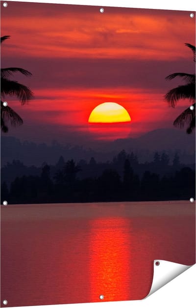 Gards Tuinposter Zonsondergang op het Strand met Palmbomen - 90x120 cm - Tuindoek - Tuindecoratie - Wanddecoratie buiten - Tuinschilderij