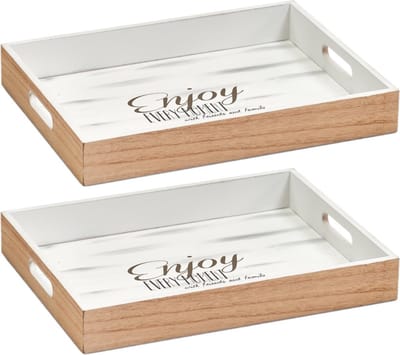 Zeller Dienblad - Set van 2x stuks - bruin/wit - 40 x 30 x 5,5 cm - hout - rechthoekig - serveerblad - Decoratie dienbladen van hout