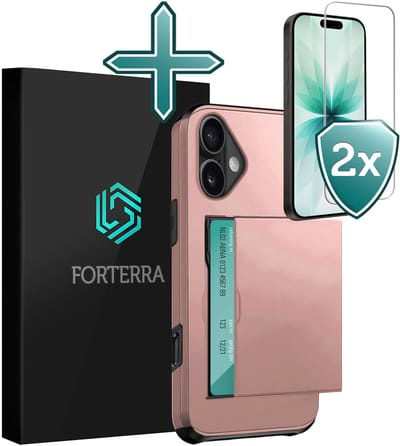 Hoesje Geschikt voor iPhone 17 Pashouder Hard Case Hoes Met 2x Screenprotector - Hoes Geschikt voor iPhone 17 Hoesje Back Cover Met Pasjeshouder - Rosé goud