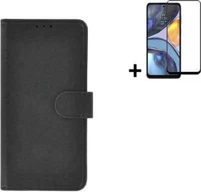 MoDo hoesje Geschikt voor Motorola Moto G22 - Kunstleer Book Case - Zwart hoesje met full screenprotector