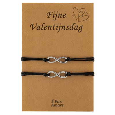 Koppel Armbandjes voor 2 "Fijne Valentijnsdag" - Oneindigheidsteken - Vriendschapsarmbandjes met Persoonlijk Cadeau Kaartje - Zilverkleurig - Elastisch Verstelbaar - Pax Amare