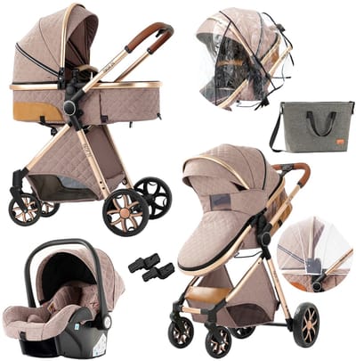 Luxe Kinderwagen - Buggy - Khaki - Opvouwbaar - Kinderwagens - Kinderwagen 3 in 1 - Met Wieg/Opzetstuk - Multifunctioneel