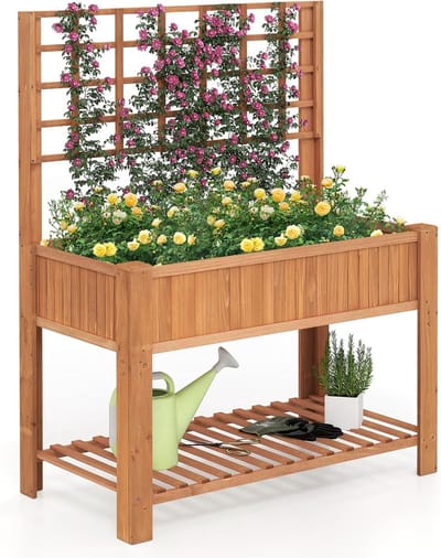 KOMFOTTEU Verhoogde plantenbak met latwerk en planken, houten tuinbak, plantenbak met 4 afwateringsgaten en uitneembare binnenbak, bloembak voor balkon, tuin of terras (bruin)