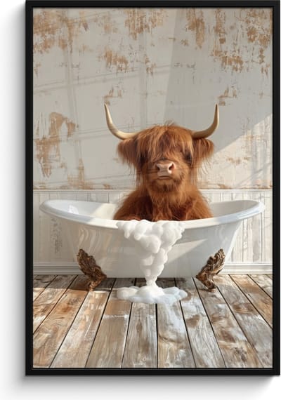 Poster in lijst - Fotolijst 80x120 cm - Posters - Schotse hooglander - Badkuip - Vintage - Koe - Posterlijst zwart - Wanddecoratie badkamer - Muurdecoratie WC - Decoratieve accessoires - Toilet muur decoratie