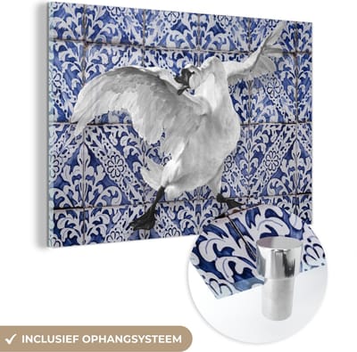 MuchoWow® Glasschilderij 120x80 cm - Schilderij acrylglas - Zwaan - Kunst - Delfts blauw - Schilderij - Oude meesters - Foto op glas - Schilderijen
