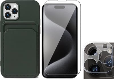 Hoesje Pasjeshouder geschikt voor iPhone 15 Pro - Screenprotector GlassGuard + Camera Lens Screen Protector - Siliconen Case Back Cover Groen