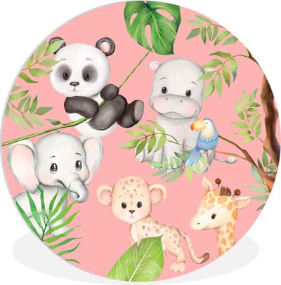 WallCircle® Wandcirkel 30x30 cm - Muurcirkel Jungle - Roze - Dieren - Muurdecoratie woonkamer - Wanddecoratie slaapkamer - Kamer decoratie accessoires - Ronde schilderijen