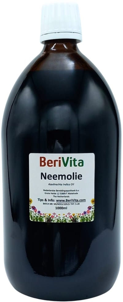 Neemolie 1 Liter Glazen Fles - Pure en Onbewerkte Neem olie Literfles - Koudgeperst uit Azadirachta indica zaden voor mens, dier en planten