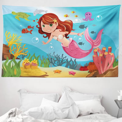 ABAKUHAUS Onderwaterwandtapijt, Zeemeermin die onder water in de oceaan zwemt en vrolijk lacht, 230 x 140 cm, Meerkleurig