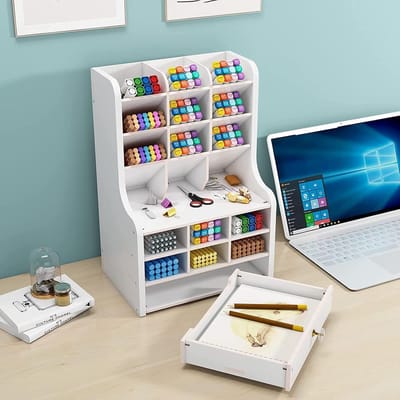 Famanu - Houten bureau-organizer Multifunctioneel bureaublad briefpapier Pennenhouder Doos voor thuiskantoor Schoolbenodigdheden Opbergrek met lade (Wit-b16)